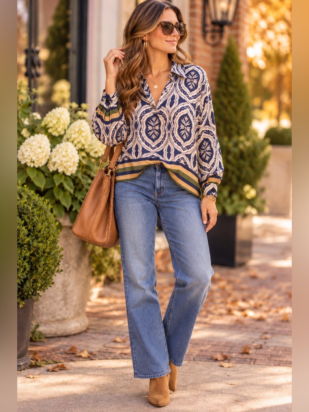 Scandal Italy Sierra Silk Blend Navy Ivory Baroque Boho Blouse Size S